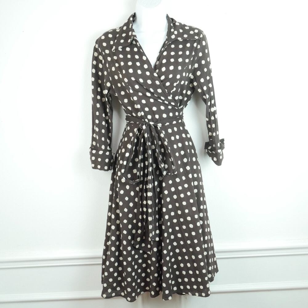 Cotton Wrap Dress Midi Chocolate Brown Polka Dot Twee Spring Retro S M Preppy
